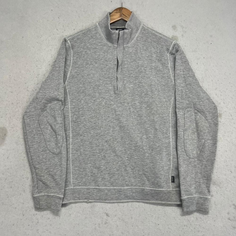 Hugo Boss Mens Grey Quarter Zip Pullover Sweatshirt Elbow Patches Size L (EU XL)